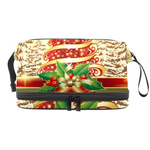 Golden Merry Christmas Card Doppelschichtige Kosmetiktasche für Frauen und Mädchen, Reise-Kulturbeutel, Make-up, praktische Tasche, Organizer-Tasche mit Pinselfach, multi, 27x15x14 cm/10.6x5.9x5.5 in, von VAPOKF