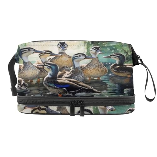 Group of Indian Runner Ducks on Water Double Layer Cosmetic Bag for Women and Girls, Travel Toiletry Bag Makeup Handy Pouch Organizer Bag with Brush Compartment, multi, 27x15x14 cm/10.6x5.9x5.5 in, von VAPOKF