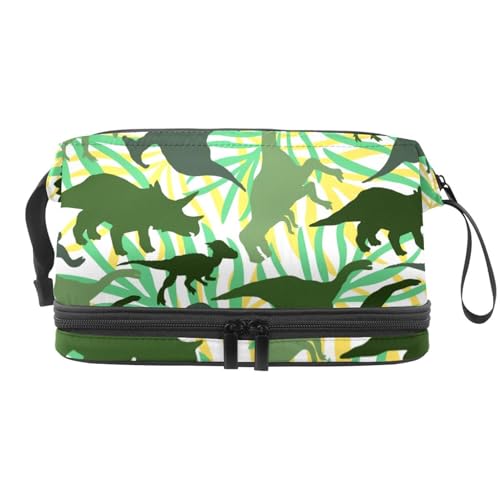 Grüner Jurassic Dinosaurier, tropisches Blatt, doppellagig, Kosmetiktasche für Damen und Mädchen, Reise-Kulturbeutel, Make-up, praktische Tasche, Organizer-Tasche mit Pinselfach, multi, 27x15x14 von VAPOKF