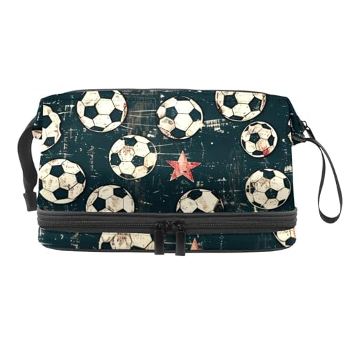 Grunge Fußball und Stern Doppellagige Kosmetiktasche für Frauen und Mädchen, Reise-Kulturbeutel, Make-up, praktische Tasche, Organizer-Tasche mit Pinselfach, multi, 27x15x14 cm/10.6x5.9x5.5 in, Grunge Fußball und Stern Doppellagige Kosmetiktasche für Frauen und Mädchen, Reise-Kulturbeutel, Make-up, praktische Tasche, Organizer-Tasche mit Pinselfach, multi, 27x15x14 cm/10.6x5.9x5.5 in, von VAPOKF