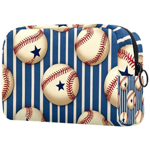 Grunge Kosmetiktasche für Damen, Motiv: Baseball auf blauen Streifen, Reise-Kulturbeutel, groß, Make-up, praktische Tasche, Organizer-Tasche mit Reißverschluss Grunge Kosmetiktasche für Damen, Motiv: Baseball auf blauen Streifen, Reise-Kulturbeutel, groß, Make-up, praktische Tasche, Organizer-Tasche mit Reißverschluss von VAPOKF