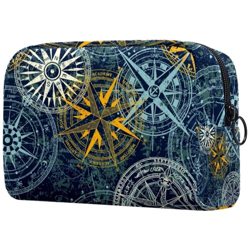 Grunge Kosmetiktasche mit Naturrose, Windkompass, für Damen, Reise-Kulturbeutel, groß, Make-up, praktische Tasche, Organizer-Tasche mit Reißverschluss, multi, 18.5x7.5x13cm/7.3x3x5.1in, Kulturbeutel von VAPOKF