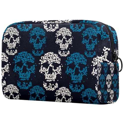 Grunge Kosmetiktasche mit Totenkopfmotiv für Damen, Reise-Kulturbeutel, groß, Make-up, praktische Tasche, Organizer, Tasche mit Reißverschluss, Blau und Weiß, multi, 18.5x7.5x13cm/7.3x3x5.1in, von VAPOKF
