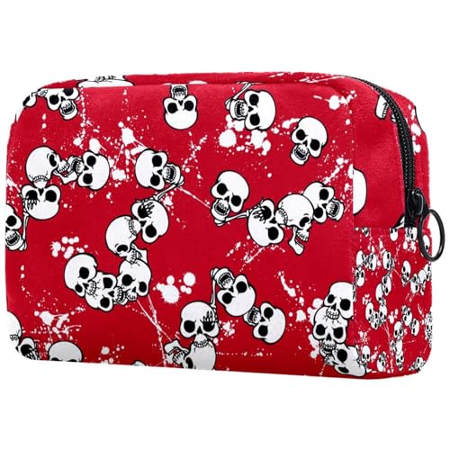 Grunge Kosmetiktasche mit weißem Totenkopf auf rotem Hintergrund, für Damen, Reise-Kulturbeutel, groß, Make-up, praktische Tasche, Organizer-Tasche mit Reißverschluss, multi, Grunge Kosmetiktasche mit weißem Totenkopf auf rotem Hintergrund, für Damen, Reise-Kulturbeutel, groß, Make-up, praktische Tasche, Organizer-Tasche mit Reißverschluss, multi, von VAPOKF