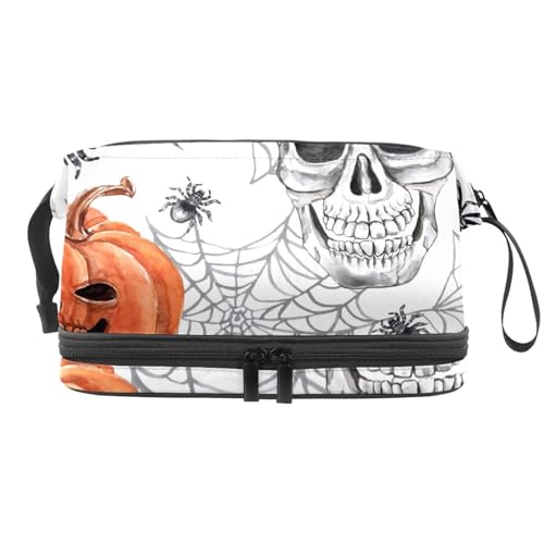 Halloween Jack Skull Spider and Web Double Layer Cosmetic Bag for Women and Girls Travel Toiletry Bag Makeup Handy Pouch Organizer Bag with Brush Compartment, multi, 27x15x14 cm/10.6x5.9x5.5 in, von VAPOKF
