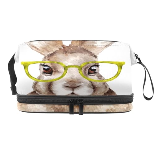 Hase in gelber Brille, doppellagige Kosmetiktasche für Frauen und Mädchen, Reise-Kulturbeutel, Make-up, praktische Tasche, Organizer-Tasche mit Pinselfach, multi, 27x15x14 cm/10.6x5.9x5.5 in, von VAPOKF