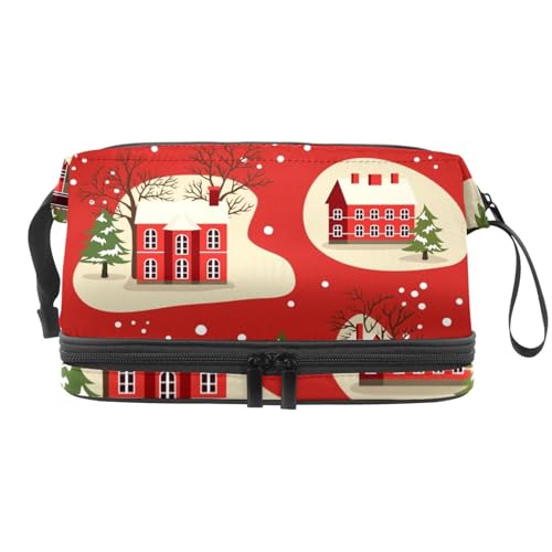 Houses in Snowfall Weihnachten Landschaft Doppellagige Kosmetiktasche für Frauen und Mädchen Reise Kulturbeutel Make-up Praktische Tasche Organizer Tasche mit Pinselfach, multi, 27x15x14 von VAPOKF
