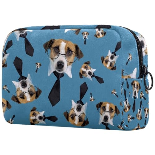 Jack Russell Terrier Kosmetiktasche mit Brille und schwarzer Krawatte für Damen, Reise-Kulturbeutel, große Make-up-Tasche, praktische Tasche, Organizer-Tasche mit Reißverschluss, multi, von VAPOKF