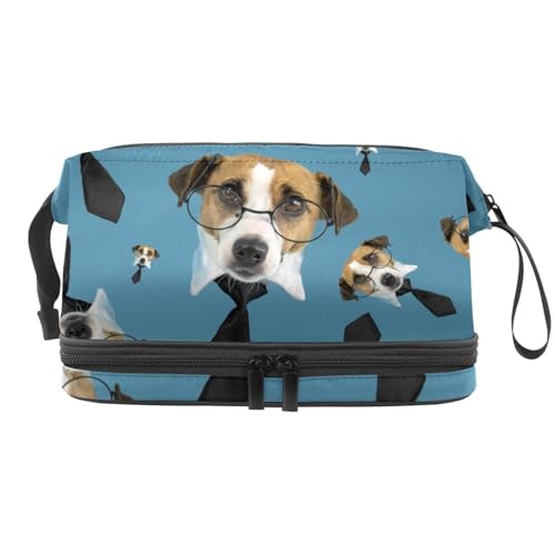 Jack Russell Terrier mit Brille und schwarzer Krawatte, doppellagige Kosmetiktasche für Frauen und Mädchen, Reise-Kulturbeutel, Make-up, praktische Tasche, Organizer-Tasche mit Pinselfach, multi, von VAPOKF