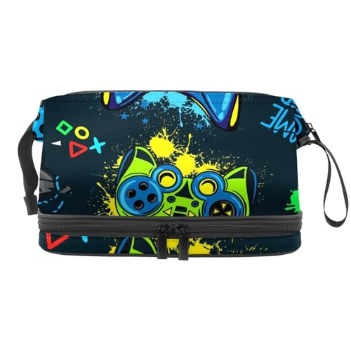 Joystick auf Grunge-Hintergrund, doppellagige Kosmetiktasche für Frauen und Mädchen, Reise-Kulturbeutel, Make-up, praktische Tasche, Organizer-Tasche mit Pinselfach, multi, 27x15x14 cm/10.6x5.9x5.5 Joystick auf Grunge-Hintergrund, doppellagige Kosmetiktasche für Frauen und Mädchen, Reise-Kulturbeutel, Make-up, praktische Tasche, Organizer-Tasche mit Pinselfach, multi, 27x15x14 cm/10.6x5.9x5.5 von VAPOKF