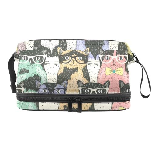 Katze mit Brille, doppellagige Kosmetiktasche für Frauen und Mädchen, Reise-Kulturbeutel, Make-up, praktische Tasche, Organizer-Tasche mit Pinselfach, multi, 27x15x14 cm/10.6x5.9x5.5 in, Kulturbeutel von VAPOKF