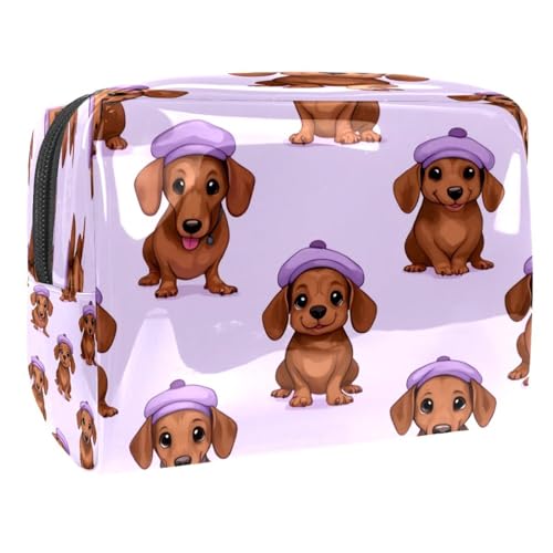 Kosmetiktasche für Damen, Dackel-Hund mit violetter Baskenmütze, Reise-Kulturbeutel, groß, PVC, Make-up-Tasche, Organizer mit Reißverschluss, multi, 18.5x7.5x13cm/7.3x3x5.1in, Kulturbeutel von VAPOKF