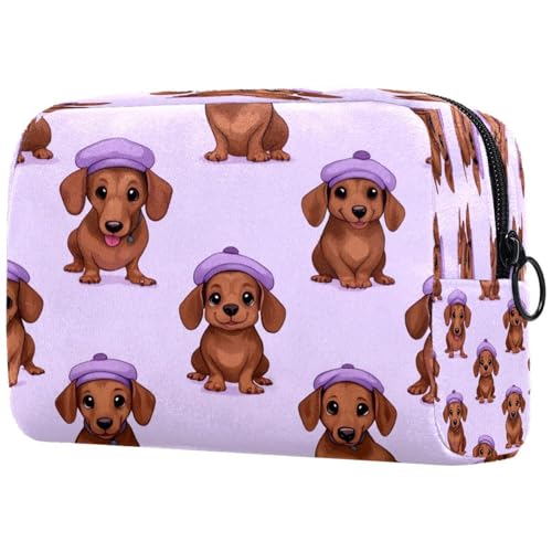 Kosmetiktasche für Damen, Dackel-Hund mit violetter Baskenmütze für Damen, Reise-Kulturbeutel, große Make-up-Tasche, praktische Tasche mit Reißverschluss, multi, 18.5x7.5x13cm/7.3x3x5.1in von VAPOKF