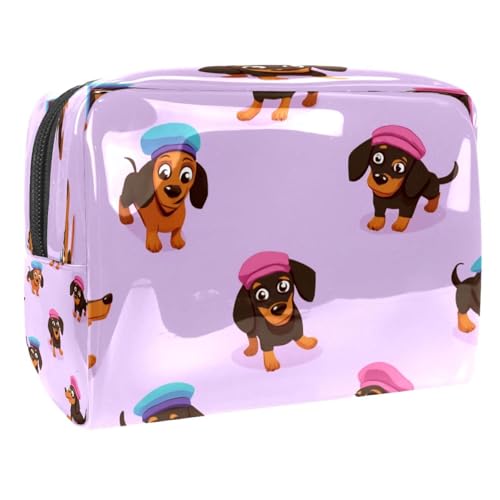 Kosmetiktasche für Damen, Dackel-Hunde mit Baskenmütze, Reise-Kulturbeutel, groß, PVC, Make-up-Tasche, Organizer mit Reißverschluss, multi, 18.5x7.5x13cm/7.3x3x5.1in, Kulturbeutel von VAPOKF