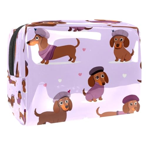 Kosmetiktasche für Damen, Dackel mit Baskenmütze, Reise-Kulturbeutel, groß, PVC, Make-up-Tasche, Organizer mit Reißverschluss, multi, 18.5x7.5x13cm/7.3x3x5.1in, Kulturbeutel von VAPOKF