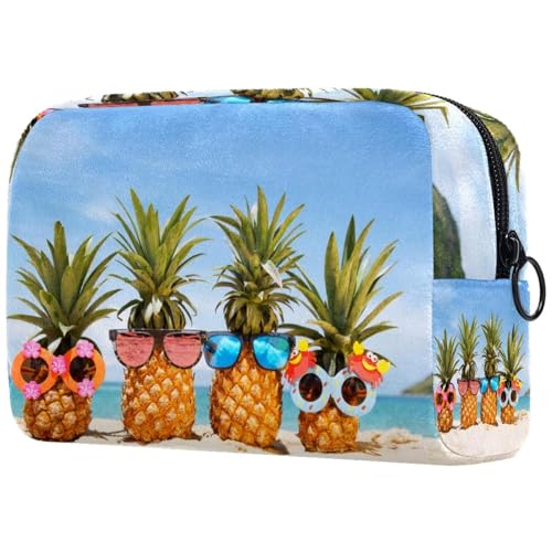 Kosmetiktasche für Damen, Motiv: Ananas mit Sonnenbrille am Strand, Reise-Kulturbeutel, große Make-up-Tasche mit Reißverschluss, multi, 18.5x7.5x13cm/7.3x3x5.1in, Kulturbeutel von VAPOKF