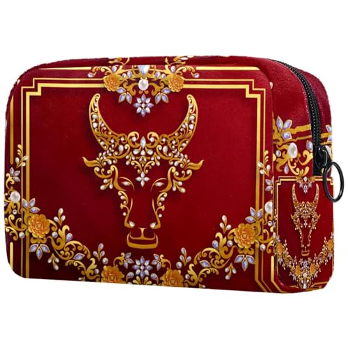 Kosmetiktasche für Damen, Motiv: Blumen und Schmuck von Ochsen auf rotem Hintergrund, Reise-Kulturbeutel, groß, Make-up, praktische Tasche, Organizer, Tasche mit Reißverschluss, multi, von VAPOKF