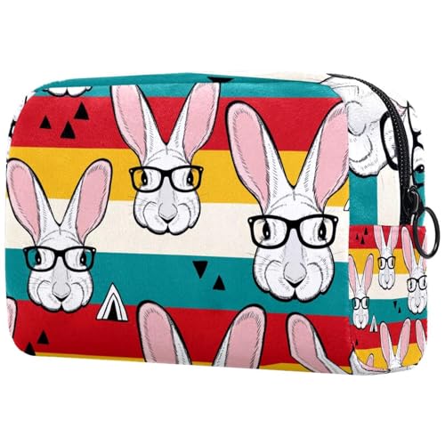 Kosmetiktasche für Damen, Motiv: Brille, Kaninchen auf Regenbogenstreifen, Reise-Kulturbeutel, groß, Make-up, praktische Tasche, Organizer-Tasche mit Reißverschluss, multi, 18.5x7.5x13cm/7.3x3x5.1in, von VAPOKF