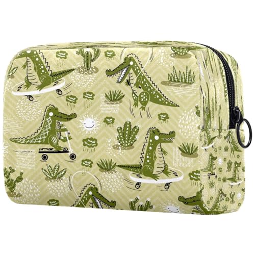 Kosmetiktasche für Damen, Motiv: Dinosaurier und Kaktus, groß, mit Reißverschluss, Grün, multi, 18.5x7.5x13cm/7.3x3x5.1in, Kulturbeutel von VAPOKF