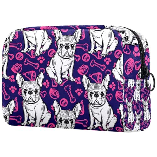 Kosmetiktasche für Damen, Motiv: Französische Bulldogge und rosa Schale, Kosmetiktasche für Damen, Reise-Kulturbeutel, große Make-up-Tasche, praktische Tasche mit Reißverschluss, multi, von VAPOKF