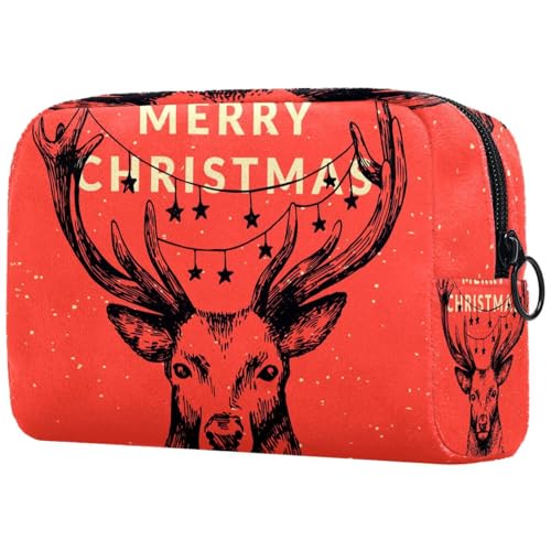 Kosmetiktasche für Damen, Motiv: Frohe Weihnachten, Hirsch auf rotem Rot, Reise-Kulturbeutel, groß, Make-up, praktische Tasche, Organizer-Tasche mit Reißverschluss, multi, 18.5x7.5x13cm/7.3x3x5.1in, von VAPOKF