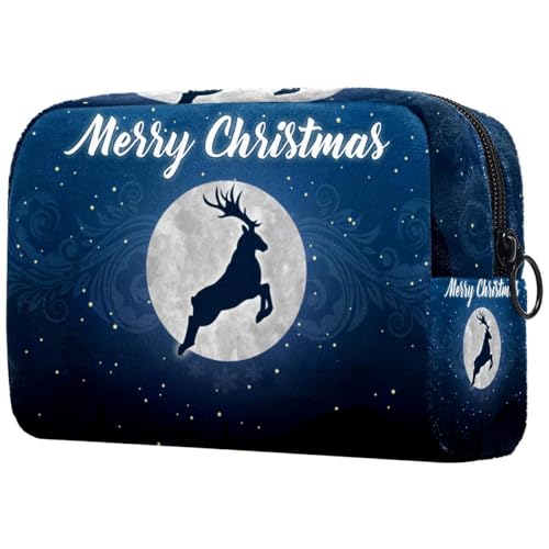 Kosmetiktasche für Damen, Motiv: Frohe Weihnachten, Rentier in Sternennacht, Vollmond-Kosmetiktasche für Damen, Reise-Kulturbeutel, große Make-up-Tasche, praktische Tasche, Organizer-Tasche mit von VAPOKF