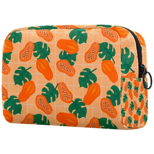 Kosmetiktasche für Damen, Motiv: Papaya-Frucht mit Palmblättern auf karierter Oberfläche, große Make-up-Tasche, praktische Tasche, Organizer mit Reißverschluss, multi, 18.5x7.5x13cm/7.3x3x5.1in, Kosmetiktasche für Damen, Motiv: Papaya-Frucht mit Palmblättern auf karierter Oberfläche, große Make-up-Tasche, praktische Tasche, Organizer mit Reißverschluss, multi, 18.5x7.5x13cm/7.3x3x5.1in, von VAPOKF
