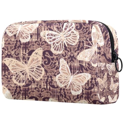 Kosmetiktasche für Damen, Motiv: Schmetterling auf Damast, Reise-Kulturbeutel, groß, Make-up, praktische Tasche, Organizer-Tasche mit Reißverschluss, multi, 18.5x7.5x13cm/7.3x3x5.1in, Kulturbeutel von VAPOKF