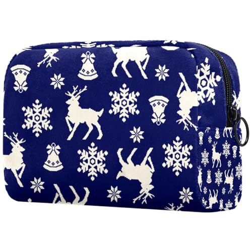 Kosmetiktasche für Damen, Motiv: Weihnachts-Hirsch, Schneeflocken, Glocken auf blauer Kosmetiktasche für Damen, Reise-Kulturbeutel, große Make-up-Tasche, praktische Tasche, Organizer-Tasche mit von VAPOKF