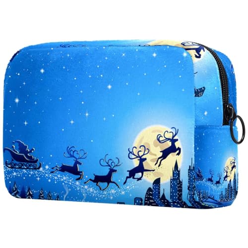 Kosmetiktasche für Damen, Motiv: Weihnachtsmann, Schlitten, Himmel über Stadt, Weihnachten, Winterlandschaft, Reise-Kulturbeutel, groß, Make-up, praktische Tasche, Organizer-Tasche mit Reißverschluss, von VAPOKF