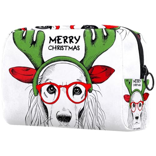 Kosmetiktasche für Damen, Motiv: Yorkie-Welpe mit Weihnachtsmanngeweih und roter Brille, Reise-Kulturbeutel, groß, Make-up, praktische Tasche, Organizer-Tasche mit Reißverschluss, multi, von VAPOKF