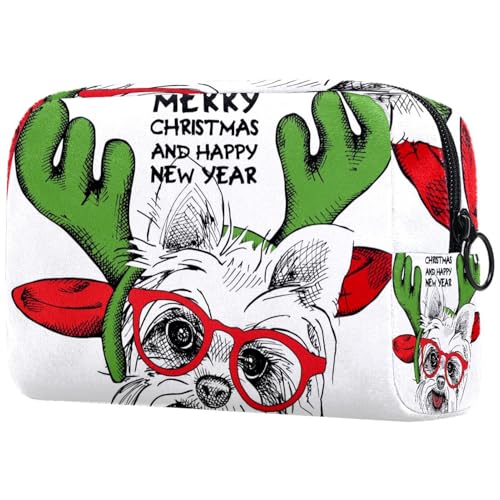 Kosmetiktasche für Damen, Motiv: Yorkie-Welpe mit Weihnachtsmanngeweih und roter Brille, Reise-Kulturbeutel, groß, Make-up, praktische Tasche, Organizer-Tasche mit Reißverschluss, multi, von VAPOKF