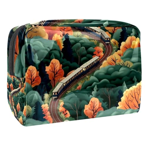 Kosmetiktasche für Damen, Motiv: Zug auf der Eisenbahn mit üppigem Baum, große PVC-Make-up-Tasche, Organizer mit Reißverschluss, multi, 18.5x7.5x13cm/7.3x3x5.1in, Kulturbeutel von VAPOKF