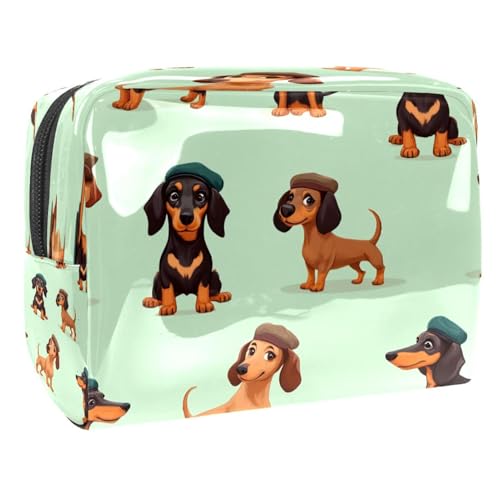 Kosmetiktasche für Damen, Motiv: niedliche Dackel in Baskenmützen, Reise-Kulturbeutel, groß, PVC, Make-up-Tasche, Organizer mit Reißverschluss, multi, 18.5x7.5x13cm/7.3x3x5.1in, Kulturbeutel von VAPOKF