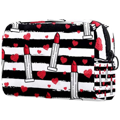 Kosmetiktasche für Damen, Motiv: rote Lippenstifte, schwarz-weiße Streifen, Reise-Kulturbeutel, große Make-up-Tasche, praktische Tasche mit Reißverschluss, multi, 18.5x7.5x13cm/7.3x3x5.1in, von VAPOKF