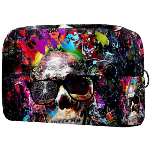 Kosmetiktasche für Damen, abstrakter farbiger Zucker mit Sonnenbrille, Reise-Kulturbeutel, große Make-up-Tasche, praktische Tasche mit Reißverschluss, multi, 18.5x7.5x13cm/7.3x3x5.1in, Kulturbeutel von VAPOKF