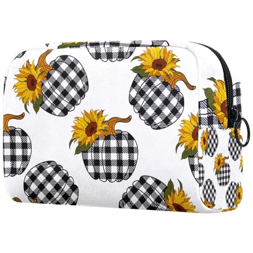 Kosmetiktasche für Damen, kariert, Kürbis mit Sonnenblumen, Reise-Kulturbeutel, groß, Make-up, praktische Tasche, Organizer, Tasche mit Reißverschluss, multi, 18.5x7.5x13cm/7.3x3x5.1in, Kulturbeutel Kosmetiktasche für Damen, kariert, Kürbis mit Sonnenblumen, Reise-Kulturbeutel, groß, Make-up, praktische Tasche, Organizer, Tasche mit Reißverschluss, multi, 18.5x7.5x13cm/7.3x3x5.1in, Kulturbeutel von VAPOKF