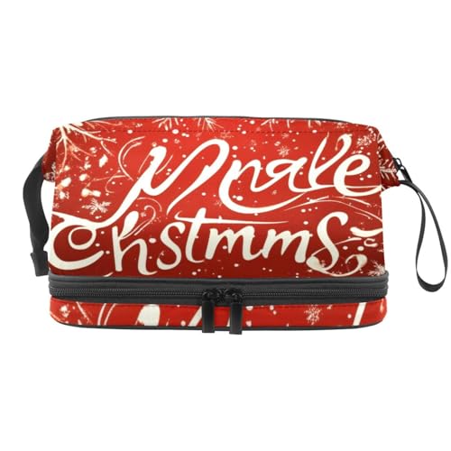 Kosmetiktasche für Damen und Mädchen, Motiv: Frohe Weihnachten, Schneeflocken, Rot, doppellagig, Reise-Kulturbeutel, Make-up, praktische Tasche, Organizer mit Pinselfach, multi, 27x15x14 von VAPOKF