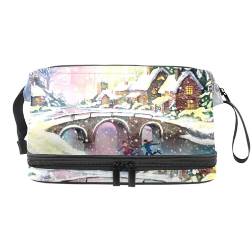 Kosmetiktasche für Damen und Mädchen, Motiv: Weihnachten, Winter, Dorflandschaft, doppellagig, Reise-Kulturbeutel, Make-up, praktische Tasche, Organizer, Tasche mit Pinselfach, multi, 27x15x14 von VAPOKF