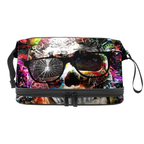 Kosmetiktasche für Damen und Mädchen, abstrakter farbiger Zucker mit Sonnenbrille, doppellagig, Reise-Kulturbeutel, Make-up, praktische Tasche, Organizer-Tasche mit Pinselfach, multi, 27x15x14 von VAPOKF