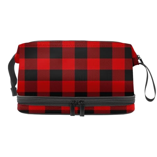 Kosmetiktasche für Damen und Mädchen, quadratisch, kariert, doppelschichtig, für Damen und Mädchen, Reise-Kulturbeutel, Make-up, praktische Tasche, Organizer, Tasche mit Pinselfach, Rot und Schwarz, von VAPOKF