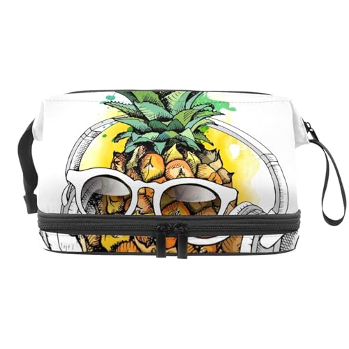 Kosmetiktasche mit Ananas-Frucht und Sonnenbrille, doppellagig, für Damen und Mädchen, Reise-Kulturbeutel, Make-up, praktische Tasche, Organizer-Tasche mit Pinselfach, multi, 27x15x14 cm/10.6x5.9x5.5 von VAPOKF