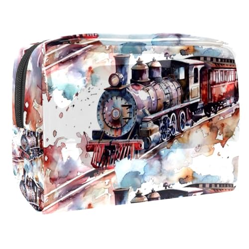 Kosmetiktasche mit Aquarell-Zügen auf Eisenbahn, für Damen, Reise-Kulturbeutel, groß, PVC, Make-up, praktische Tasche, Organizer mit Reißverschluss, multi, 18.5x7.5x13cm/7.3x3x5.1in, Kulturbeutel von VAPOKF