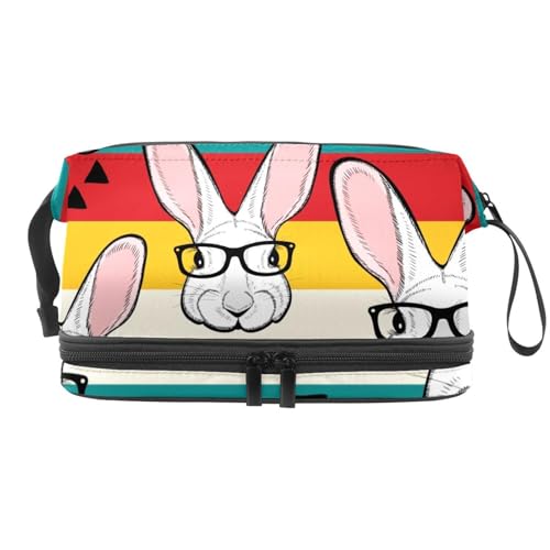 Kosmetiktasche mit Brille, Kaninchen auf Regenbogenstreifen, doppellagig, für Damen und Mädchen, Reise-Kulturbeutel, Make-up, praktische Tasche, Organizer-Tasche mit Pinselfach, multi, 27x15x14 von VAPOKF