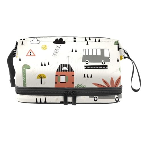 Kosmetiktasche mit Cartoon-Dinosaurier mit Palme, doppellagig, für Damen und Mädchen, Reise-Kulturbeutel, Make-up, praktische Tasche, Organizer-Tasche mit Pinselfach, multi, 27x15x14 cm/10.6x5.9x5.5 von VAPOKF
