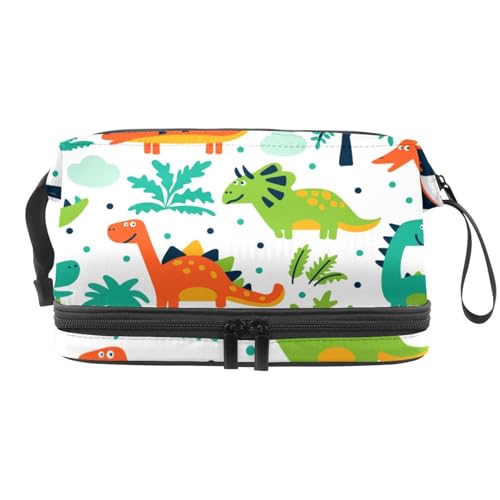 Kosmetiktasche mit Cartoon-Dinosauriern, Bäumen und Wolken, doppellagig, für Damen und Mädchen, Reise-Kulturbeutel, Make-up, praktische Tasche, Organizer mit Pinselfach, multi, 27x15x14 von VAPOKF