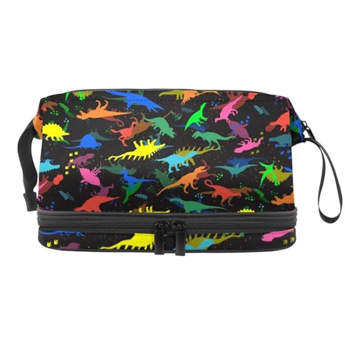 Kosmetiktasche mit Dinosaurier-Muster, doppellagig, für Damen und Mädchen, Reise-Kulturbeutel, Make-up, praktische Tasche, Organizer mit Pinselfach, multi, 27x15x14 cm/10.6x5.9x5.5 in, Kulturbeutel von VAPOKF