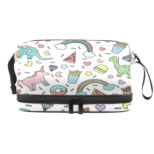 Kosmetiktasche mit Einhorn-Dinosaurier-Regenbogen-Muster, doppellagig, für Damen und Mädchen, Reise-Kulturbeutel, Make-up, praktische Tasche, Organizer-Tasche mit Pinselfach, multi, 27x15x14 von VAPOKF