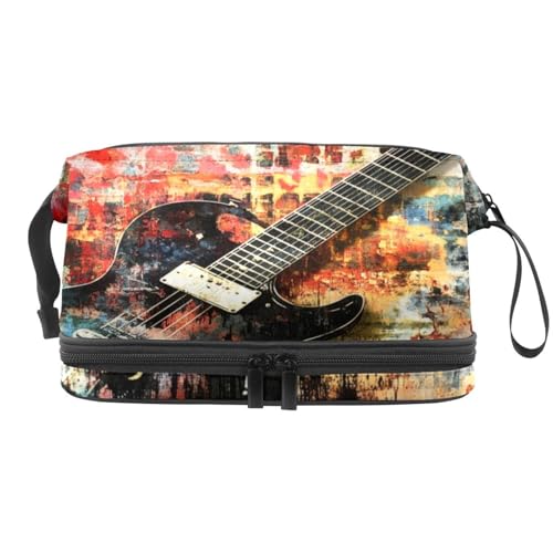 Kosmetiktasche mit Gitarre auf Grunge-Hintergrund, doppellagig, für Damen und Mädchen, Reise-Kulturbeutel, Make-up, praktische Tasche, Organizer-Tasche mit Pinselfach, multi, 27x15x14 cm/10.6x5.9x5.5 Kosmetiktasche mit Gitarre auf Grunge-Hintergrund, doppellagig, für Damen und Mädchen, Reise-Kulturbeutel, Make-up, praktische Tasche, Organizer-Tasche mit Pinselfach, multi, 27x15x14 cm/10.6x5.9x5.5 von VAPOKF
