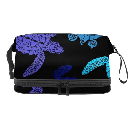 Kosmetiktasche mit Meeresschildkröten-Silhouette auf schwarzer doppellagiger Kosmetiktasche für Damen und Mädchen, Reise-Kulturbeutel, Make-up, praktische Tasche, Organizer-Tasche mit Pinselfach, von VAPOKF